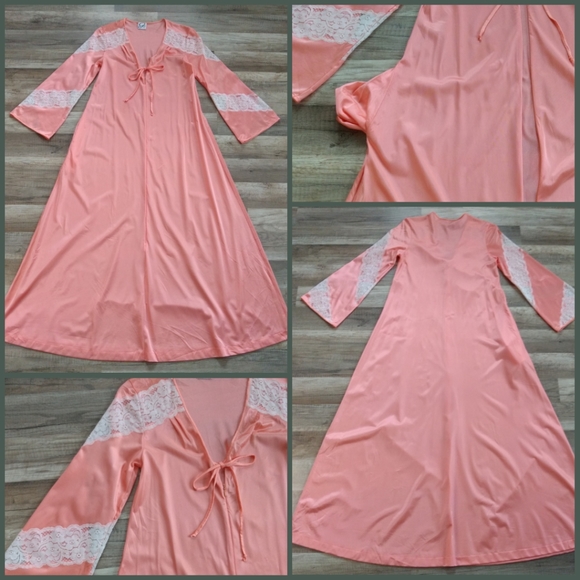 Vintage 70s 80s Coral Lingerie Nightgown Small Mumu Maxi Dress Bell Sleeve - Picture 4 of 9